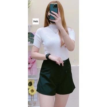 Atasan Rajut Wanita Turtleneck - Kerah Tinggi Lengan Pendek - Kaos Turtleneck Rib Tangan pendek 1