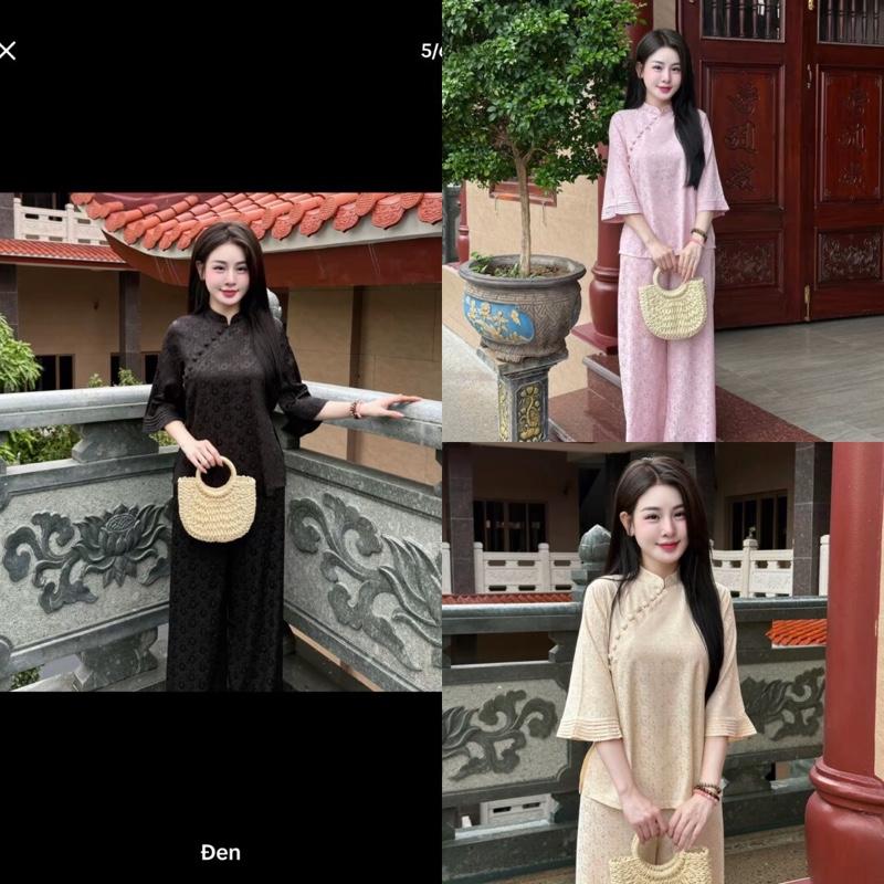 Cúc cổ tàu set đồ lam đi lễ vải lụa gấm 2 da hoa cúc nhẹ nhàng . Cúc chéo cúc bọc có size 40kg-60kg