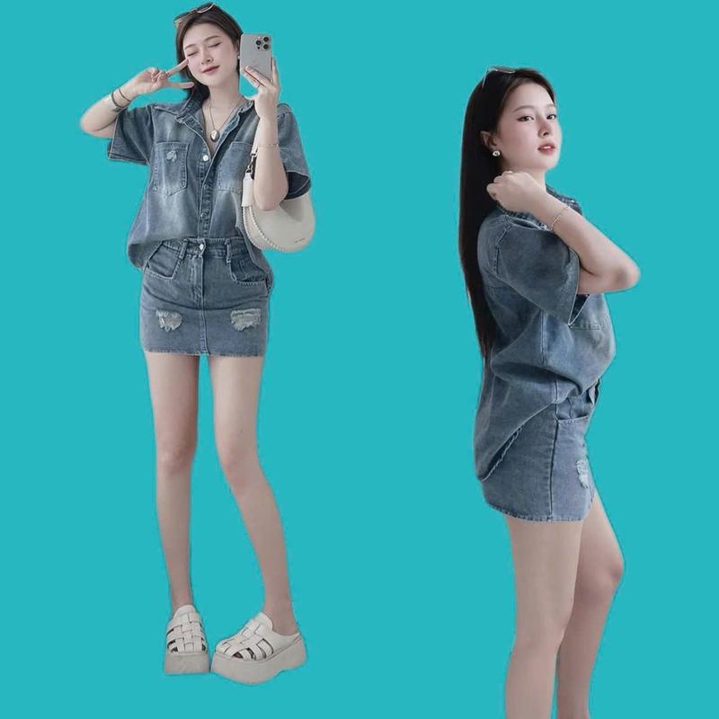 Sét váy nữ jean thiết kế tay ngắn cổ bẻ cài nút thật mix chân váy chữ a sang chảnh dành cho các nàng diện đi chơi.