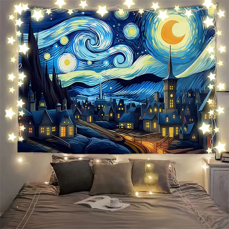 Van Gogh Starry Night Illustration Room Dorm Room Decoration Background Fabric Bedroom Bedside Makeover Wallcovering Tapestries