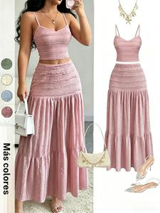Conjunto elegante para mujer para fiesta: top corto sin mangas y falda media, estilo dulce y lindo, ajuste ceñido, casual, ideal para primavera y otoño.