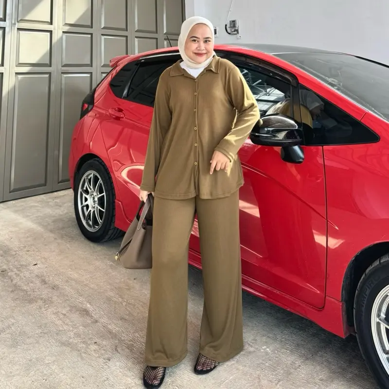 Denacollection Setelan Kemeja Rib Knit Busui Celana Kulot Panjang Wanita Baju Nyaman Dewasa