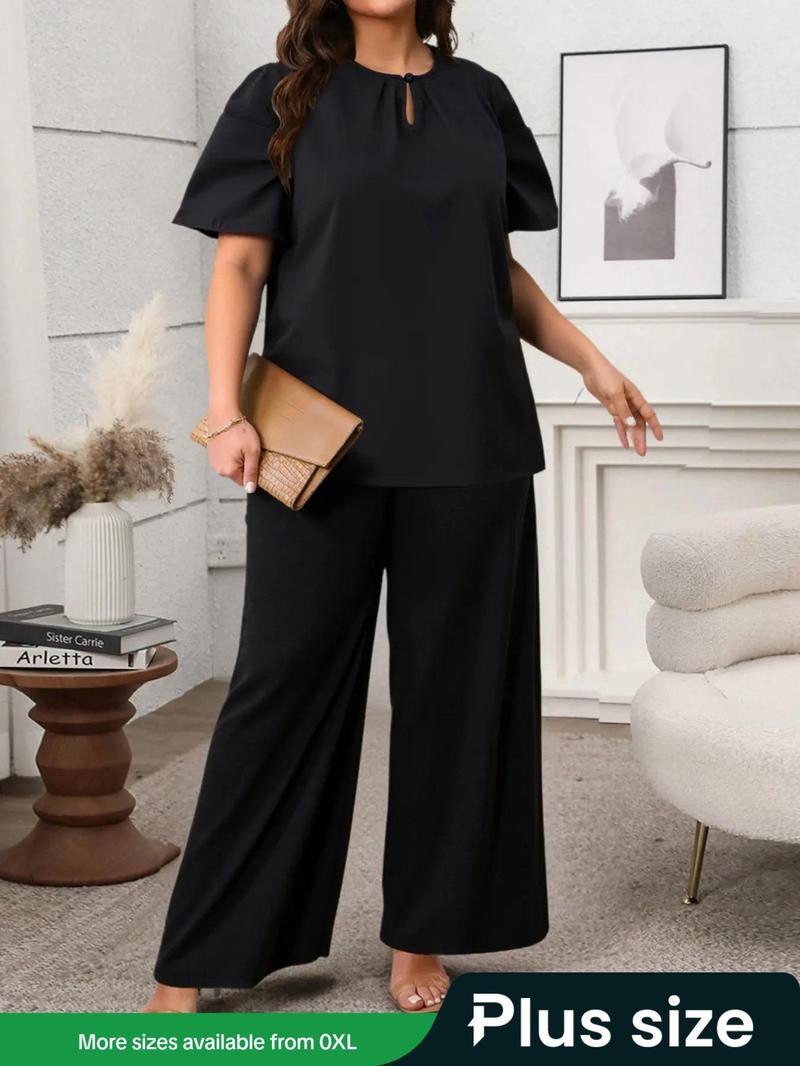Product Introduction of 【Plus Size】 Two-Piece Set Solid Color Top & Straight Leg Pants, Casual Fashion Cozy Short Sleeve Round Neck Top & Trousers for Daily Outdoor Wear, Women's Two-piece for All Seasons 1