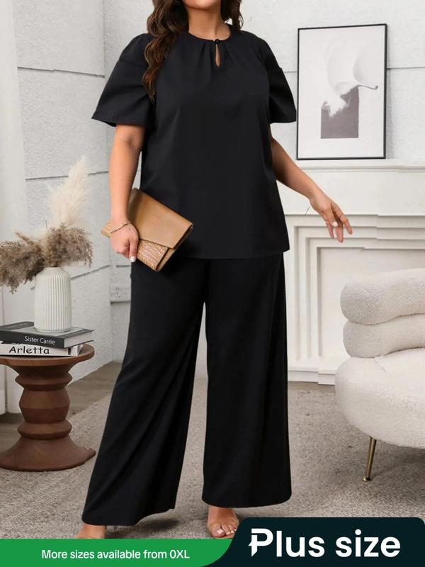 【Plus Size】 Two-Piece Set Solid Color Top & Straight Leg Pants, Casual Fashion Cozy Short Sleeve Round Neck Top & Trousers for Daily Outdoor Wear, Women's Two-piece for All Seasons 0