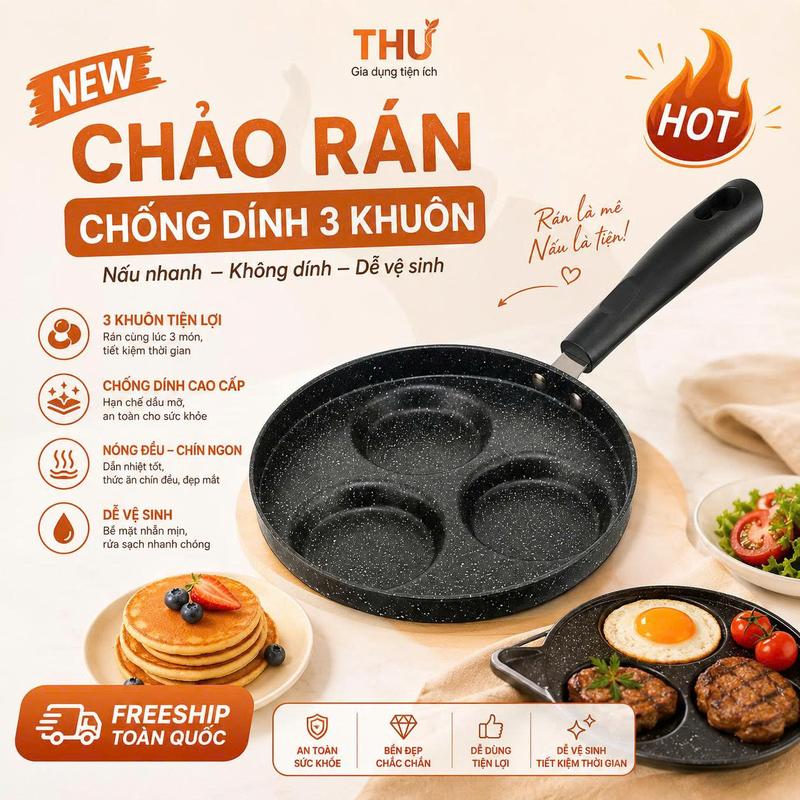 Chảo 3 Ngăn Vân Đá – Chảo Chiên Trứng, Làm Bánh Pancake, Chiên Nhiều Món Tiện , DÙNG ĐƯỢC CHO MỌI LOẠI BẾP, BẾP GAS, BẾP TỪ, BẾP ĐIỆN