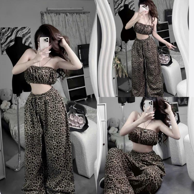 Set áo ống quây [có đệm mút]da báo croptop kèm quần xuông dài basic sang chảnh -H97