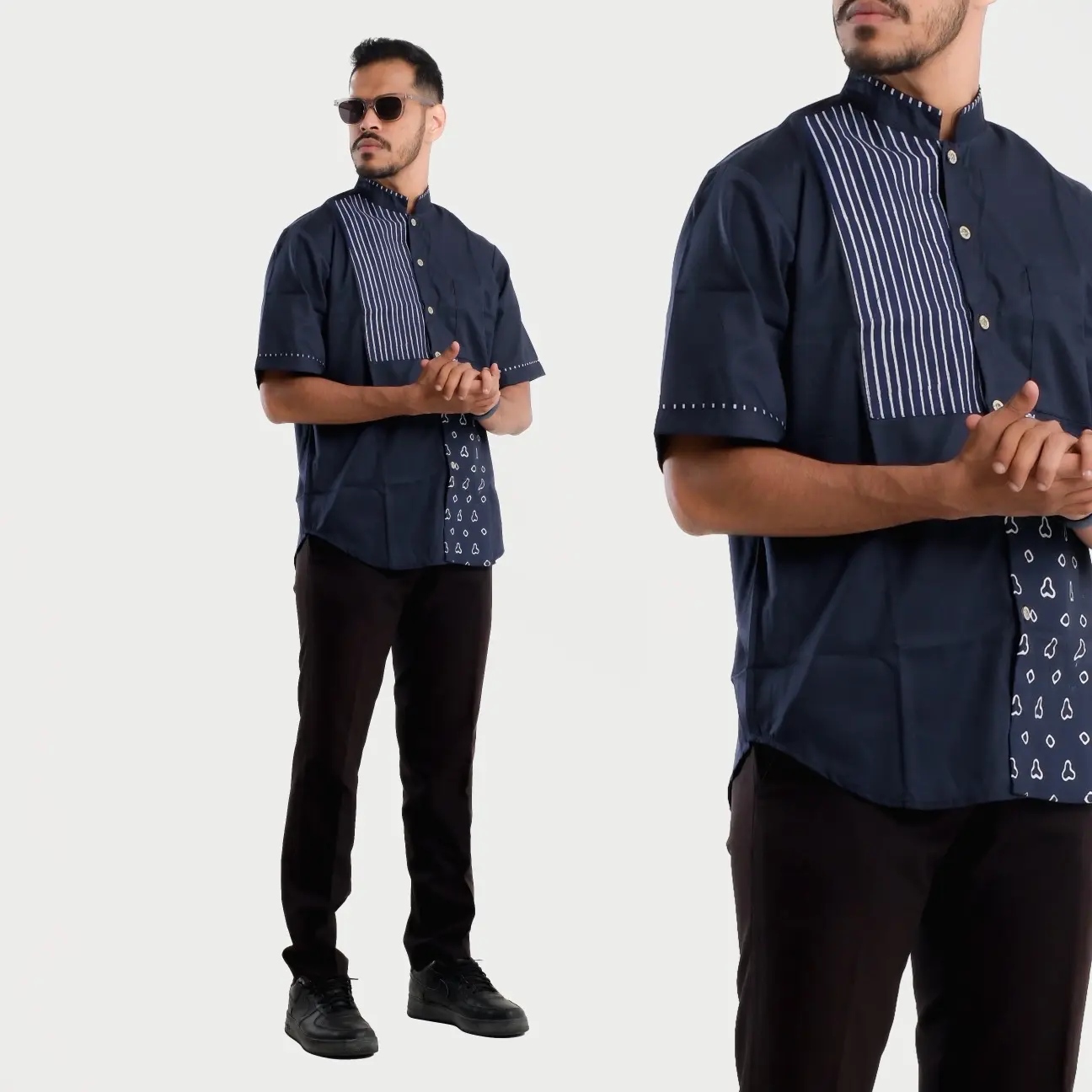 IDRYS - Baju Kemeja Koko Pria Lengan Pendek - KEMKO NAVY - Kemko Premium Tangan Pendek - Koko Muslim Dewasa Katun - Koko Batik Bahan Toyobo Lembut Panjang Nyaman Panjang Nyaman Motif Kombinasi Elegant kokopria