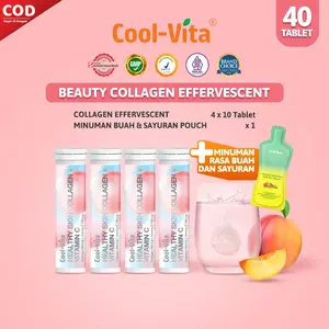 [FS - 4T+1]  40 Tablet (4 Tube) Coolvita Collagen Effervescent (1 Tube @10 Tablet) + 1 Pouch Minuman Rasa Buah dan Sayuran | Mengandung 500mg Fish Collagen dan 100mg Vit C per Tube | Membantu Menjaga Kesehatan Kulit