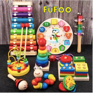Mainan Anak Basic Kayu Edukasi Sensory Montessori Mini Round Beads Jam Puzzle 3D Shape Geometri Xylophone Kado Toys