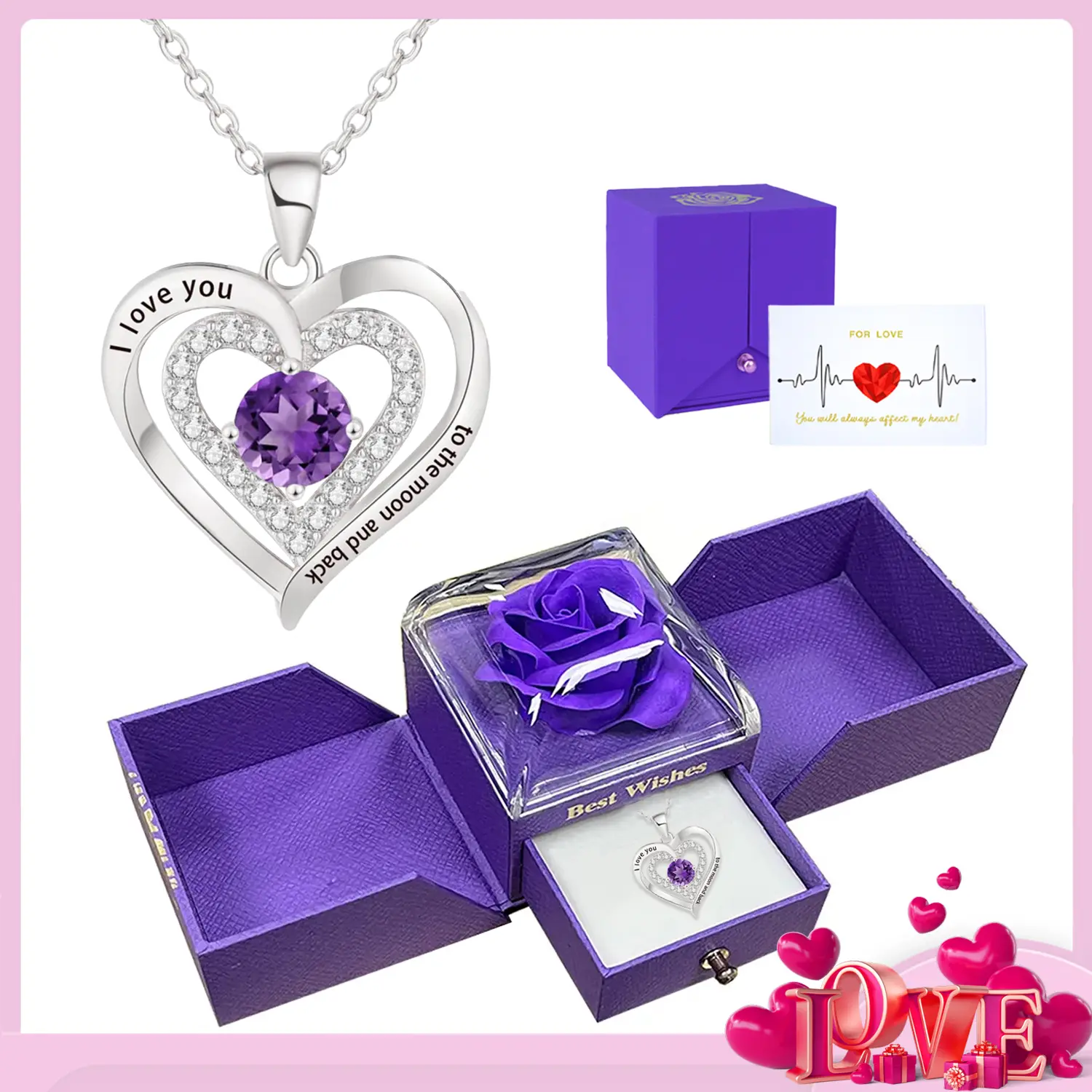 Mother's Day Gift Set］Forever Love Heart Necklaces & Rose Box Gifts for Women, Jewelry with Birthstone Pendant, Present for Valentines' Day, Birthday, Anniversary
