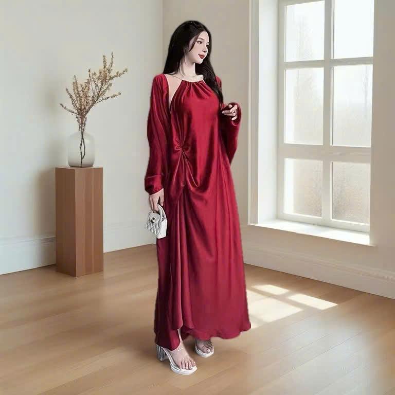 P290 - Set đầm lụa maxi cổ yếm dáng dài phối áo choàng siêu đẹp lên dáng sang chảnh