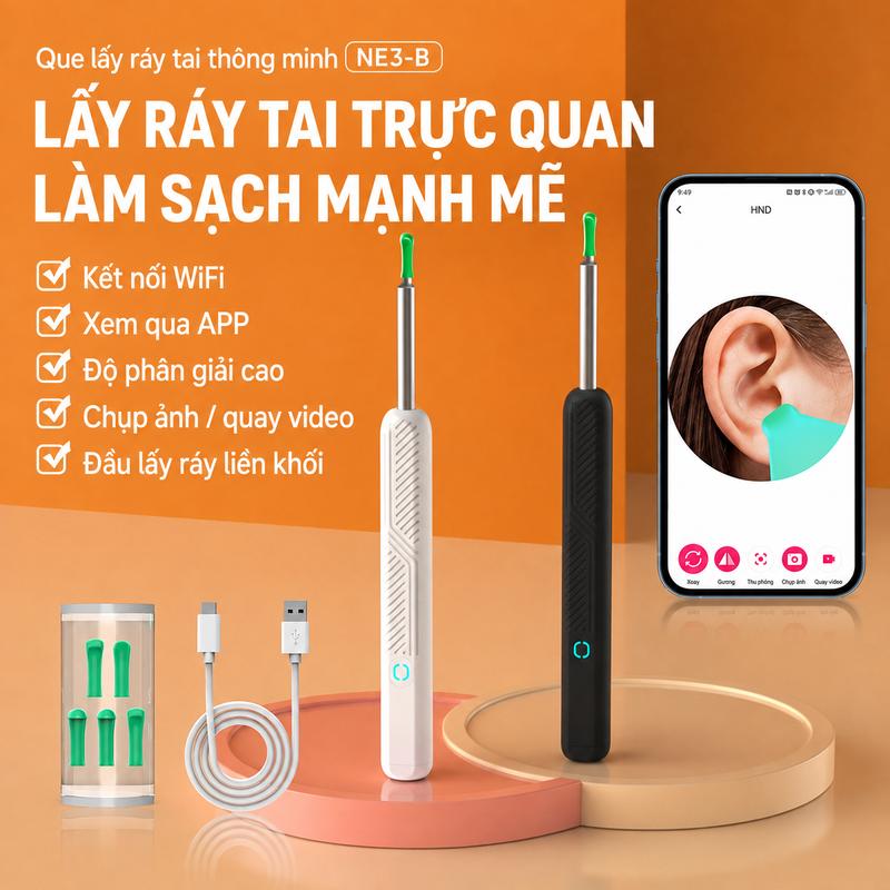 Dụng Cụ Lấy Ráy Tai NE3 Có Camera Nội Soi, Kết Nối Điện Thoại, Hình Ảnh Sắc Nét, Bộ Vệ Sinh Tai Đa Năng