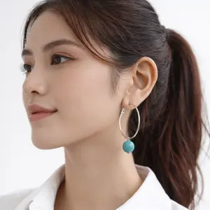 Anting-anting cantik dan elegan Turquoise Stone Hoop Earrings 4cm  Elegant Minimalist Jewelry for Women | Lightweight Fashion Earrings | Natural Turquoise Bead | Daily Wear Accessories | Trendy Hoop Earrings | Simple Luxury Style Jewelry Gift for Women