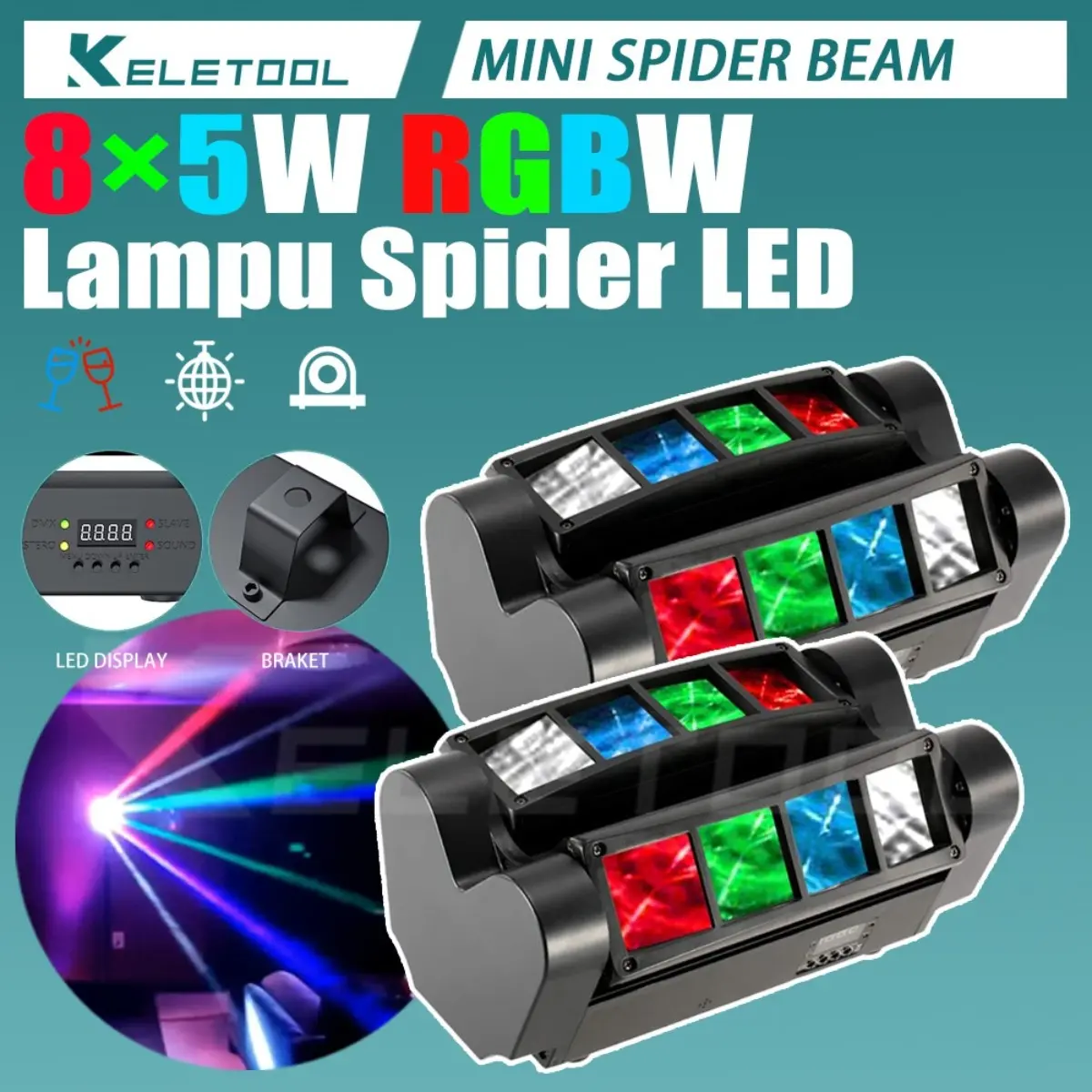 Keletool Beam mini Moving head Spider light lampu LED Lampu dj disco 8×5watt RGBW Lampu disko sensor suara laser bergerak Lampu sorot putar laser Lighting dj pentas panggung Lampu Proyektor diskotik COD