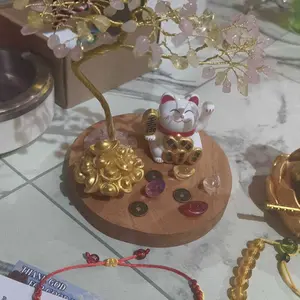 Ornamen Pohon Kristal Lucky Cat - Rahasia Fengshui  Terbaik Untuk Menarik Rejeki Cinta Kasih dan Keberuntungan dengan Batu Citrine dan RoseQuart Asli