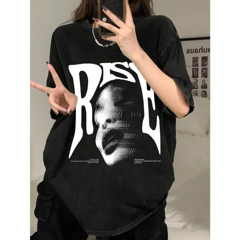American retro Style T-shirt Oversize Distorted portrait print | Kaos Wanita Putih | Metallica Kaos pria dan wanita 5