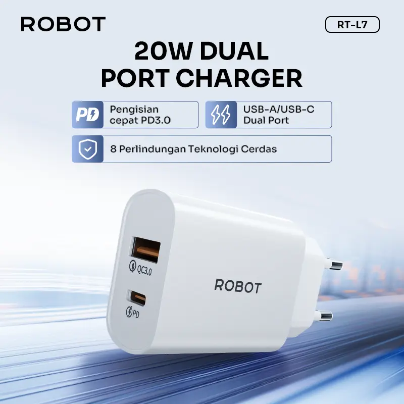 ROBOT Charger Iphone & Android Fast Charging 20W PD3.0 Dual Port USB-A & USB-C Perlindungan Cerdas - ROBOT RT-L7 Original - Bergaransi Resmi 1 Tahun - Bisa COD 1