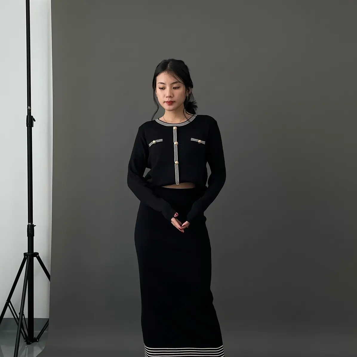 Amanda set skirt knit premium Baju Nyaman Panjang Lembut Hitam Blazer Tangan