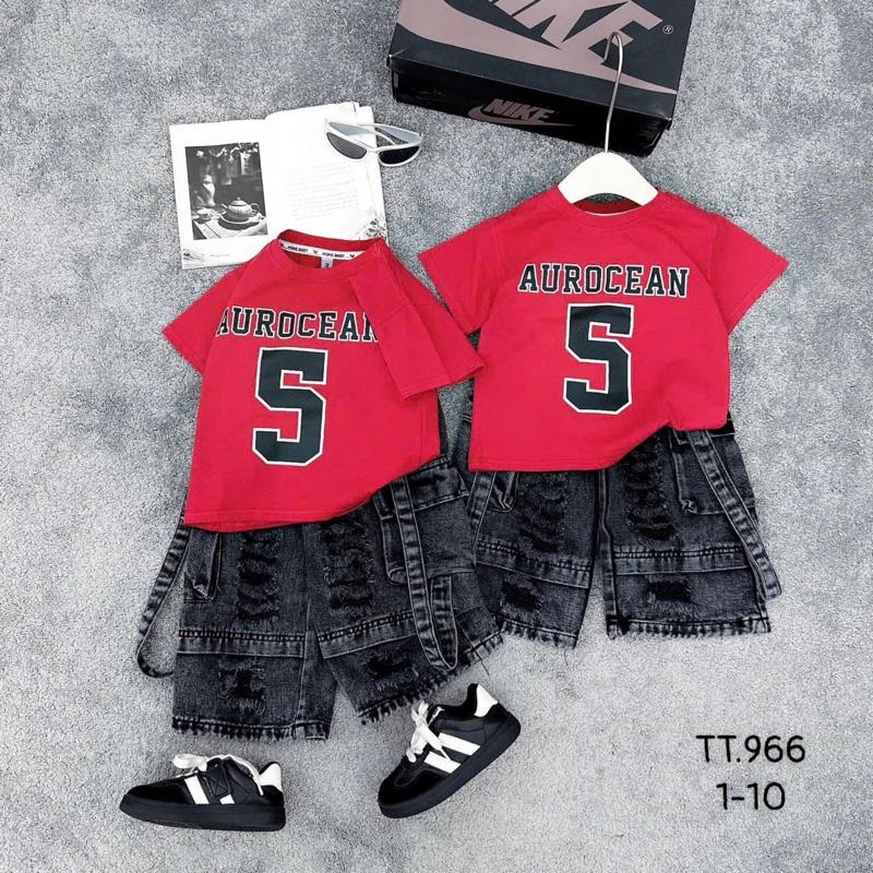 <ST> Set áo cotton đỏ số 5 mix quần jean túi hộp 2