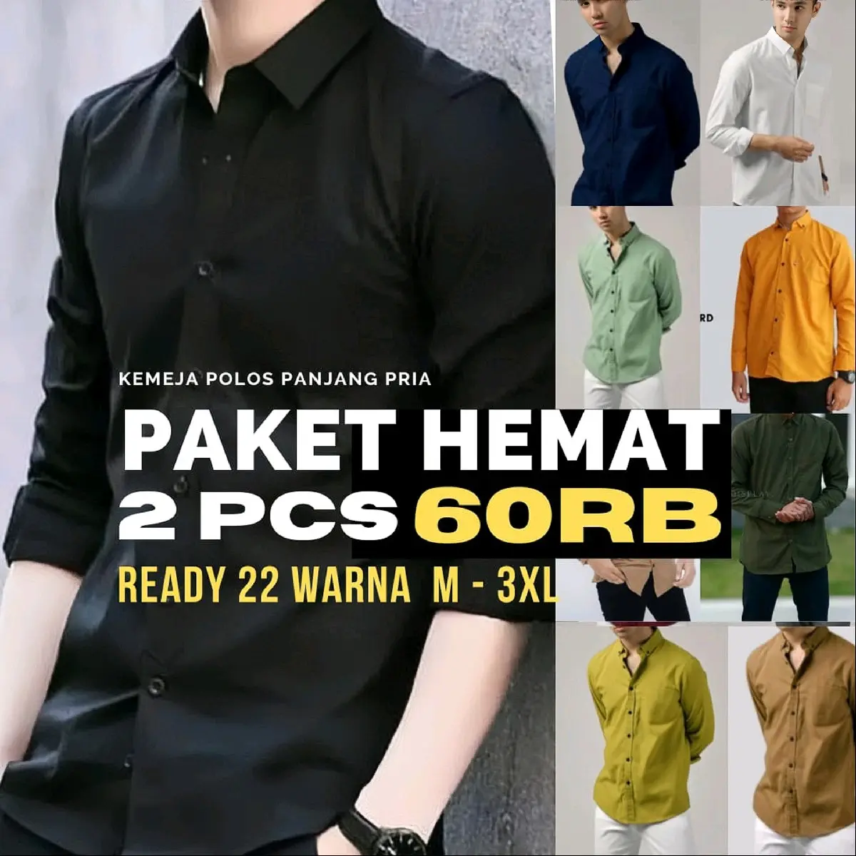 Paket 2pcs Kemeja Polos Pria Lengan Panjang Bahan Katun Poplin Signatur - Baju