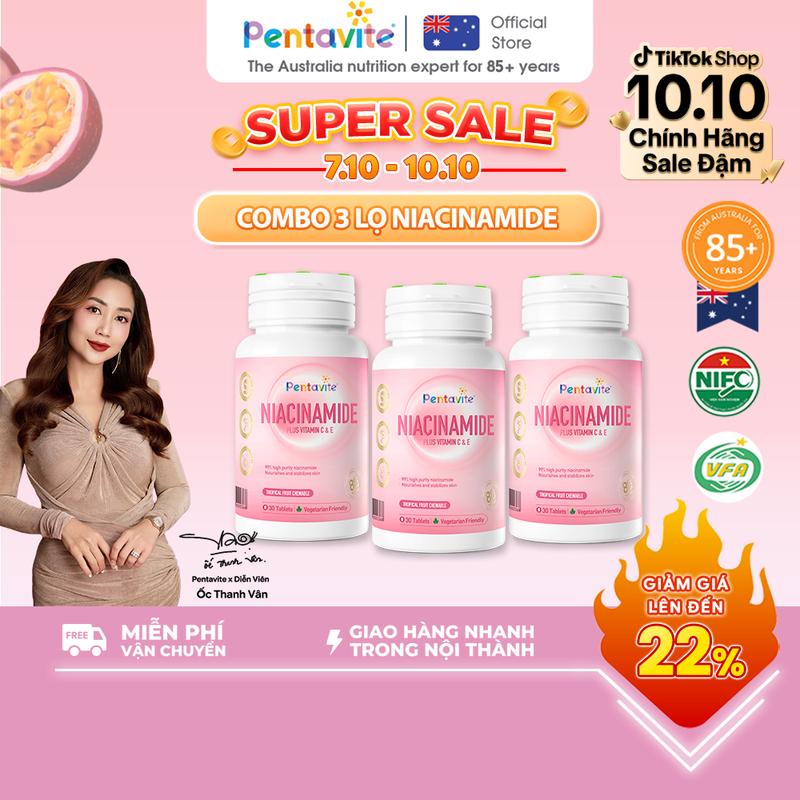 [PENTAVITE] Niacinamide + Vitamin C & E Viên Nhai - Công thức 3 dưỡng chất trong 1 viên nhai - Hỗ trợ làm sáng, đều màu da, mờ thâm nám - Phục hồi da sau khi phơi nắng - Hộp 30 viên - Vị Dứa Thơm Ngon - Chứng nhận VFA, NIFC