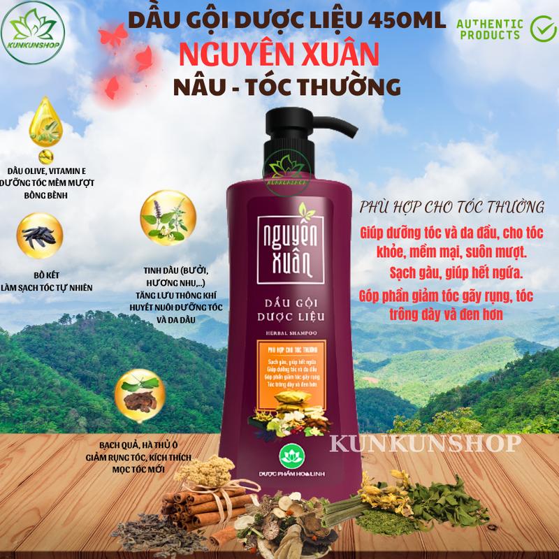 Hoà Linh Dầu Gội Nguyên Xuân Nâu Vòi 450ml Tặng 10% thể tích Giảm Gàu Ngứa Ngăn Rụng Chiết Xuất Thảo Dược Thiên Nhiên Chính Hãng Kunkunshopvn