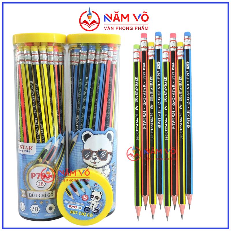   P797  LON 36 Cây Bút Chì Đen 2B - Viết Chì Đen 2B Thân Gỗ Sọc Nhiều Màu Có Gôm G-Star  GStar P 797  P-797 Khó Gãy Dễ Chuốt - Hàng Chính Hãng 