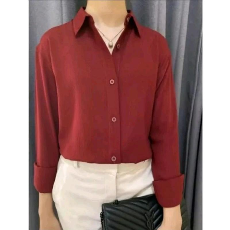 Kemeja Wanita Polos Lengan Panjang Atasan Kancing Outfit Kasual Formal Bahan Mostcrepe Premium By AS Fashion Nyaman 6