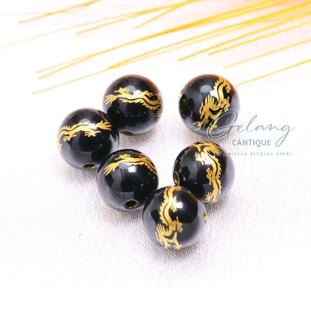 Bahan Gelang Batu Tibet Mantra Ukir Naga Emas Hongkong, Black Onyx Tibet Beads Dragon Carved, Beads Agate Oak Guru Mane Padme Hum, Batu Alam Keberuntungan / Hoki, Ketenangan Dan Kedamaian Tangan
