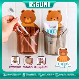 Tempat Sikat Gigi Tempel Dinding Karakter Beruang Lucu Anti Bor Perekat Kuat Untuk Kamar Mandi Anak