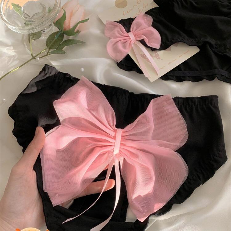Quần Lót Ren Cotton, Phong Cách Gợi Cảm, Dành Cho Nữ, Màu Đen, Cạp Thấp, Nơ Màu Hồng Ngọt Ngào Thiết Kế Dễ Thương Khoét Lỗ, Thoáng Khí Và Thoải Mái, Thích Hợp Cho Bé Gái, Đồ Lót 1