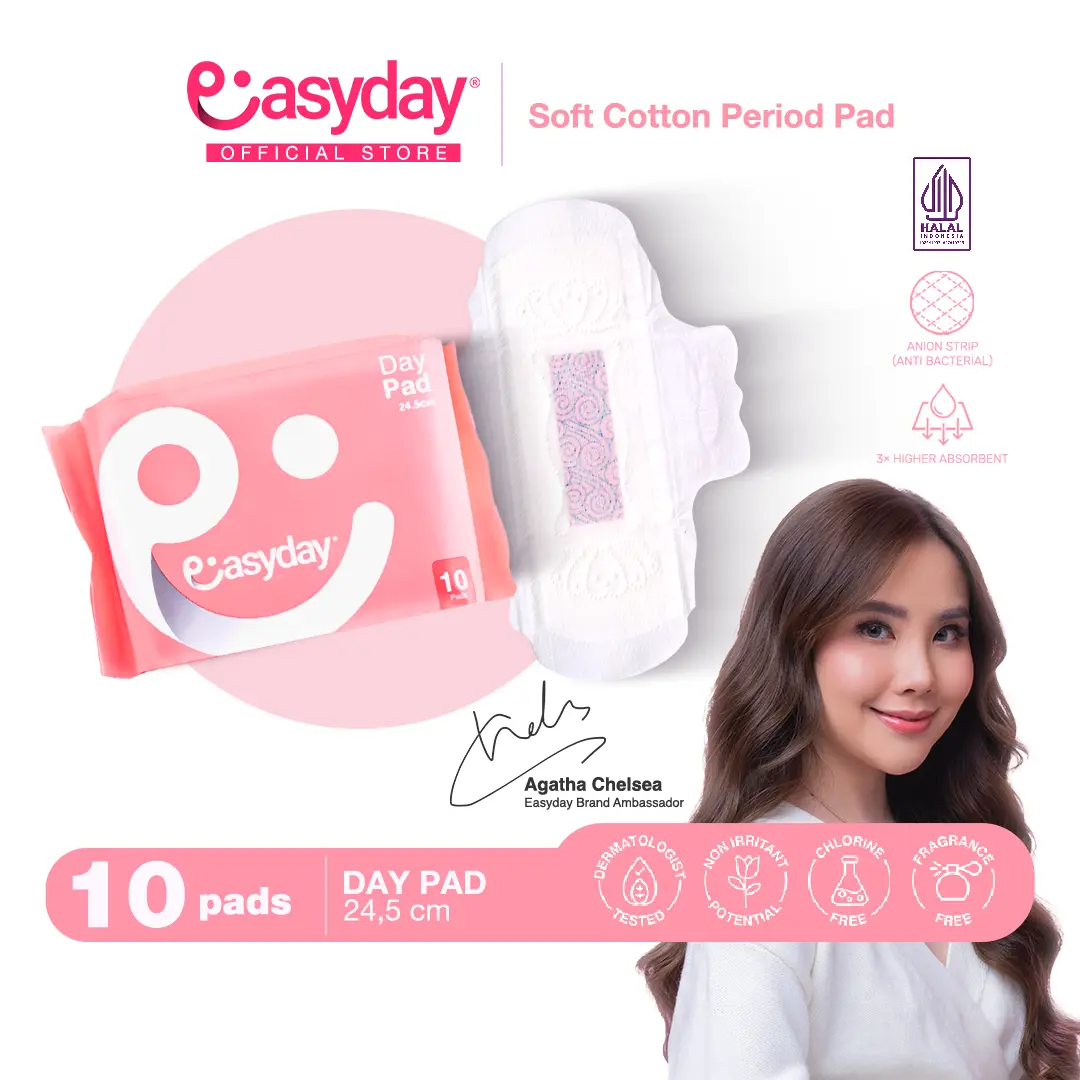 Easyday Day Pad 10 Pcs 24.5 cm | Pembalut Wanita Untuk Pagi Hari | Premium Cotton and Anion Strip Anti Iritasi & Bau