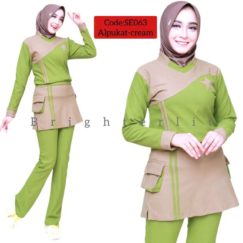 Setelan Baju Senam Wanita Denim Tahan Lama dan Nyaman Dipakai - Muslim, Dewasa, Panjang, Atasan, Sport, Tunik, hijau, Celana Polos