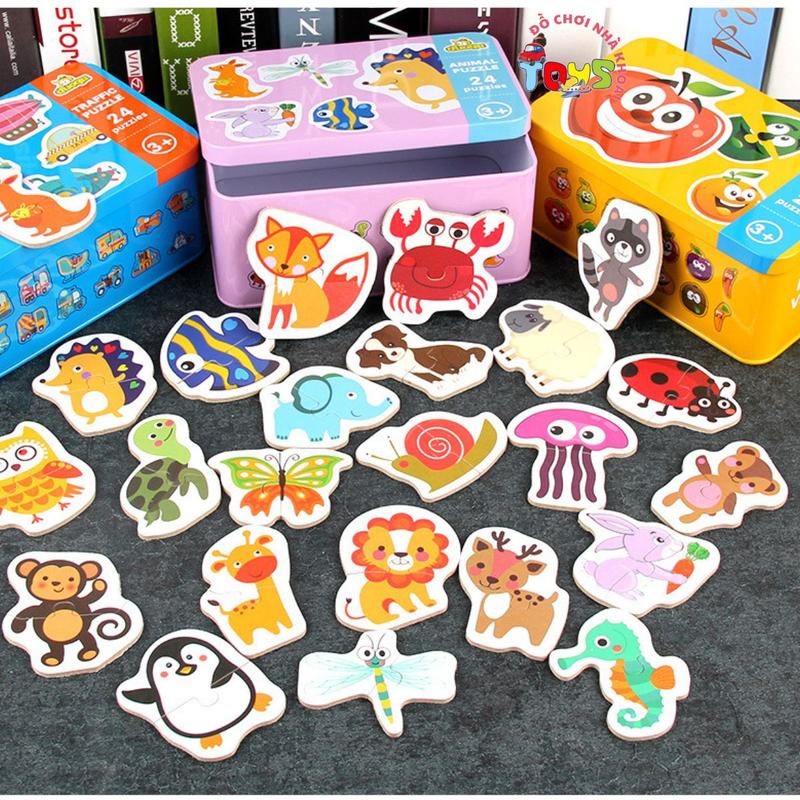 Tranh ghép 2 mảnh gỗ Puzzle cao cấp 24-26 hình dành cho bé từ 2 tuổi trở lên