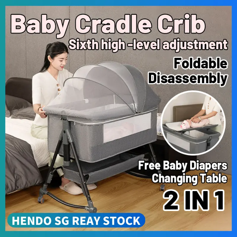 SG STOCK Baby Cradle Crib Adjustable Baby Bed With Detachable Side Panel Multifunctional Baby Cot bed Liftable