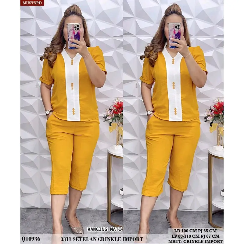 One Set Crinkle Airflow Terbaru//Setelan Crinkle Kombinasi Pendek Lengan pendek  Ruffle Wanita Nyaman Baju Celana 2