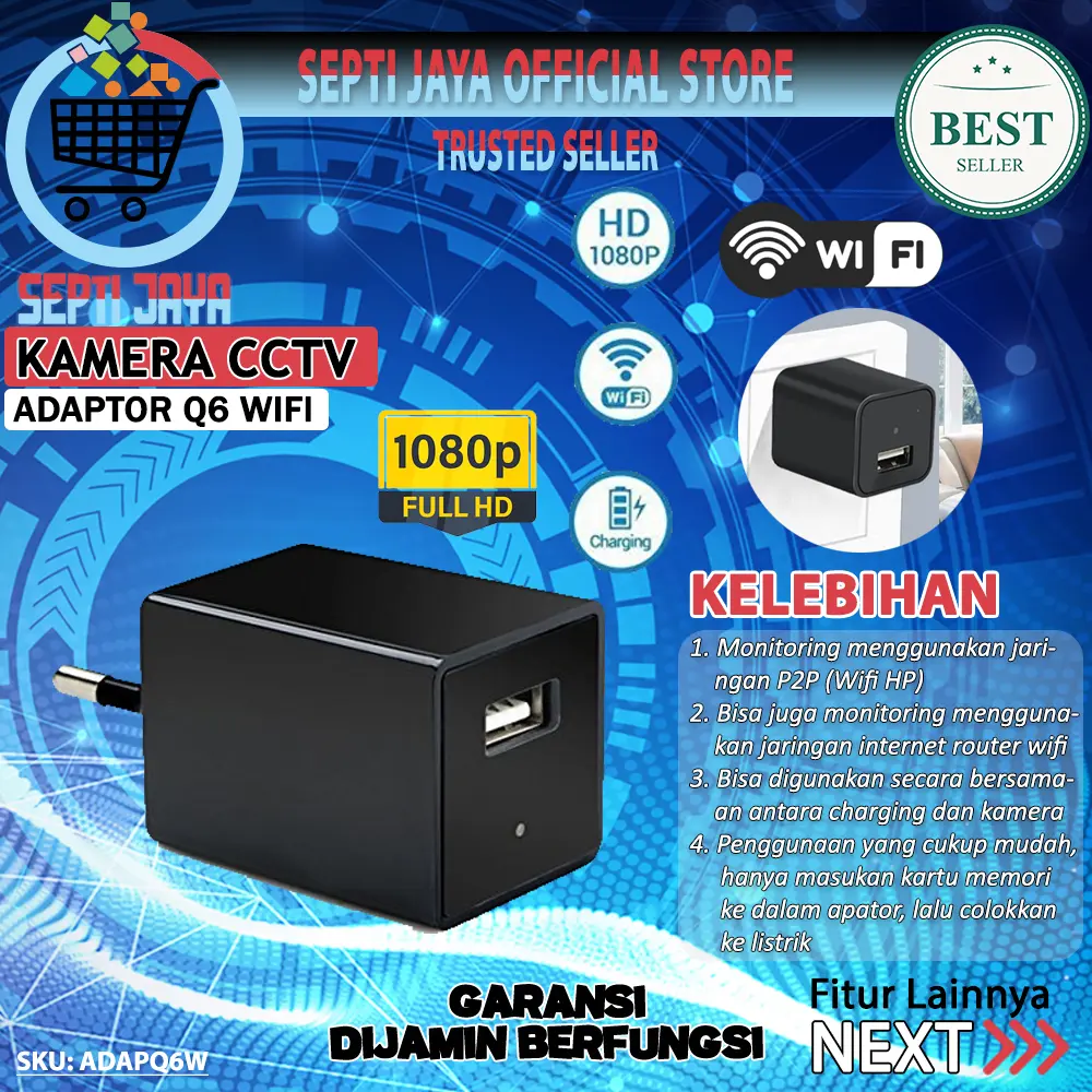 Spy IP Camera Adaptor Q6 WiFi HD 1080P Kamera Mini Mata Mata pen tai Tersembunyi Model Adapter Chargeran Kontrol Monit ng J Dekat Jauh Spycam ADAPQ6W
