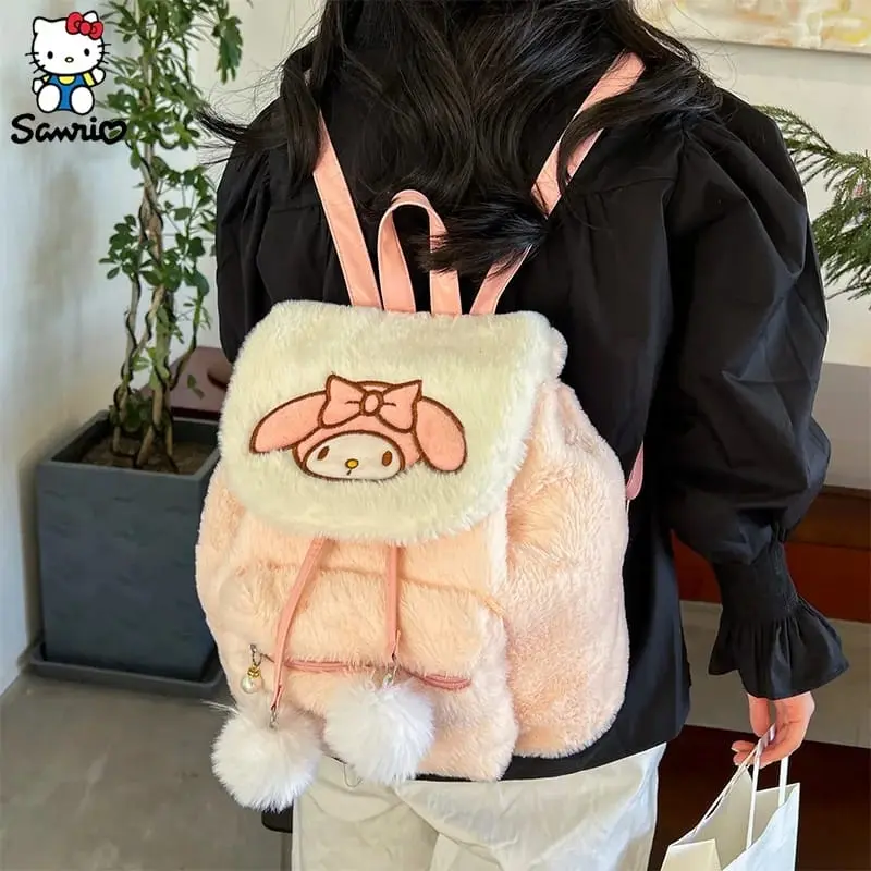 Tas Ransel Serut Boneka Bulu Sanrio Kawaii - Tas Ransel Premium Bulu Sannrio Tutup Depan Serut. 6