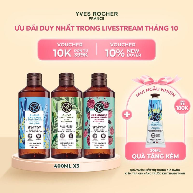 [Livestream] Combo 3 sữa tắm thiên nhiên hương biển - oliu - mâm xôi đỏ Yves Rocher 400mlx3