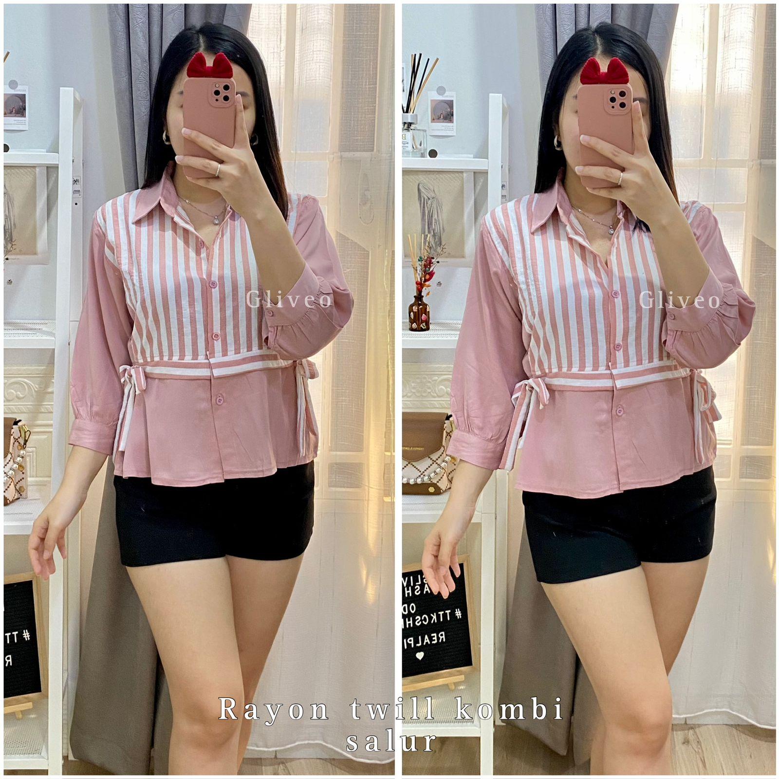 GLIVEO (COD) - KEMEJA KOMBI SALUR RAYON TWILL ADEM / KEMEJA SALUR WANITA LENGAN PANJANG/ ATASAN LENGAN PANJANG WANITA baju karya stripe