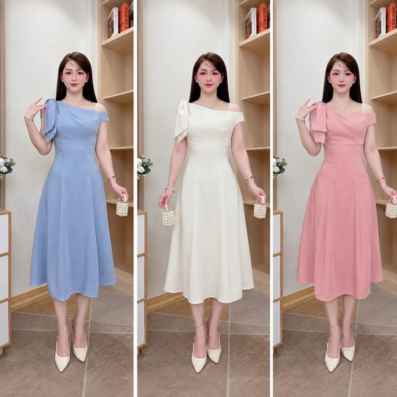 [TTP102 Nơ vai] Đầm Xòe Một Vai Nơ Lớn Sang Chảnh Chất Liệu Gold Hàn Quốc Cao Cấp Thiết Kế Thời Trang Phong Cách Hàn Quốc