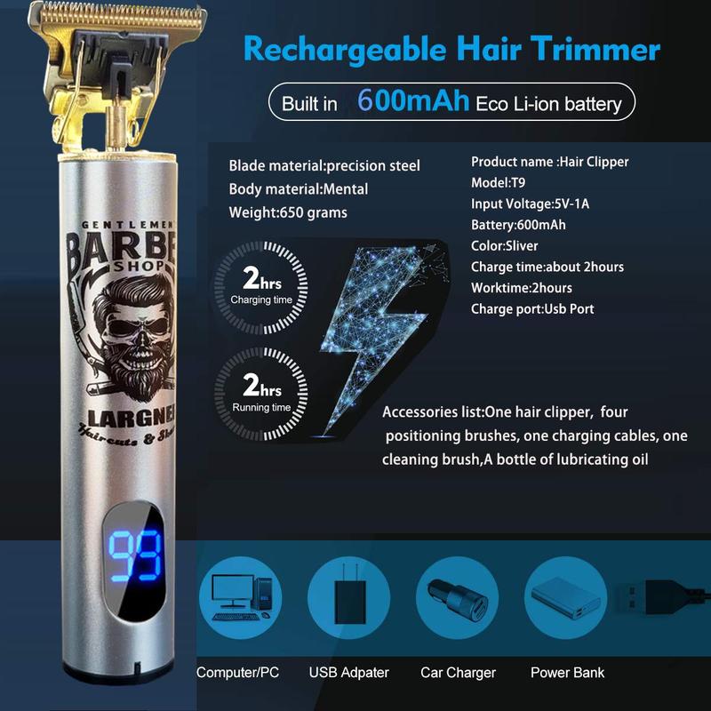 LARGNER Electric Clippers Barber Grooming Kit Rechargeable Cordless Close Cutting T-Blade Trimmer Hair Clippers for Men Zero Gapped Detail Beard Shaver,Zero Gapped T-Blade Hair Trimmer LED Display, Rechargeable Cordless Grooming KitT9 5