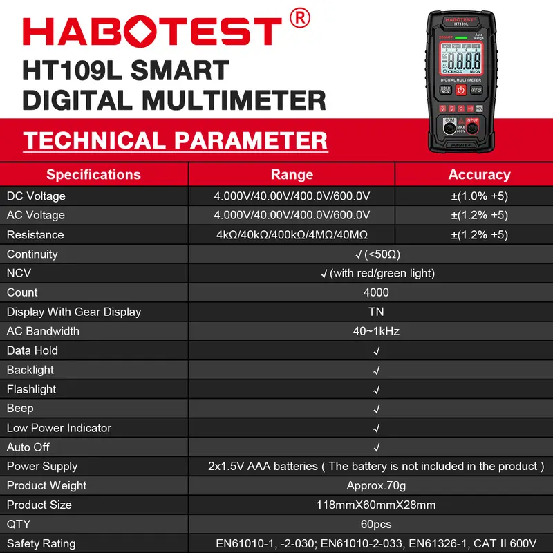 Đồng Hồ Vạn Năng Kỹ Thuật Số, HABOTEST HT109L, 600V AC / DC, 4000 Số Đếm, Độ Chính Xác Cao, Chống Cháy, Đồng Hồ Vạn Năng Thông Minh, Không Cần Di Chuyển, Không Tiếp Xúc, Nhận Dạng Tự Động, [Không Bao Gồm Pin] Còn Hàng 1