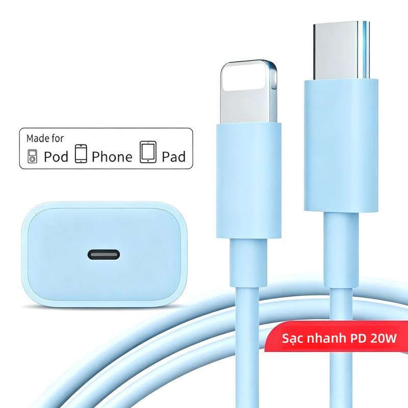 Bộ sạc nhanh 20W cho ip 8-14 , vỏ nhựa ABS bền, cáp sạc bện,