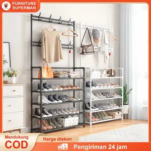 Furniture Superman Rak Sepatu & Topi Multifungsi Hitam/Putih 12 Susun Portable Tertutup Besi Slim 60x26x155cm Harga Diskon Pengiriman 24 Jam Penyimpanan