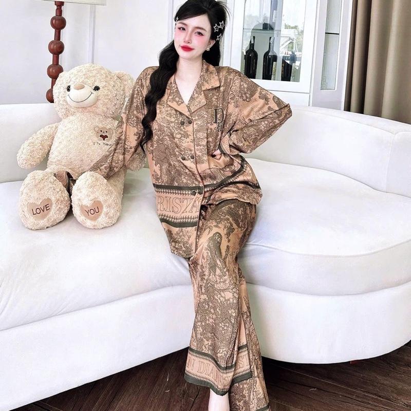  Đồ bộ pijama lụa latin in hoạ rừng màu nâu sang trọng có bigsize đến 90kg 