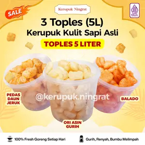 KERUPUK KULIT TOPLES 5 LITER DAPAT 3 VARIAN RASA ORI ASIN GURIH, PEDAS DAUN JERUK, BALADO, BBQ, KEJU, BARBEQUE CEMILAN SNACK HALAL