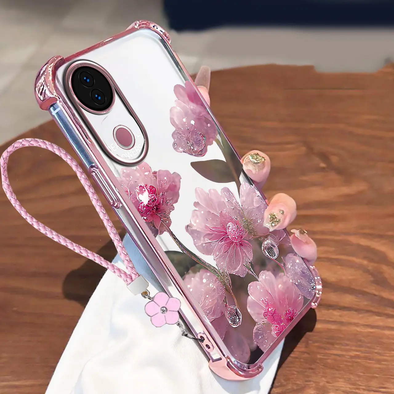 Casing For Vivo V50 5G Phone Cases Luxury Soft Silicone Four Corner Anti Fall Shockproof Phone With Lanyard Pink flowers Cover