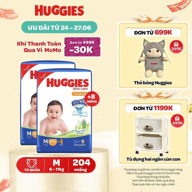 Combo 2 gói Tã/ bỉm quần Huggies Skincare Mega Jumbo với tràm trà dịu da Size M106/L96+8/XL84+4/XXL76+4