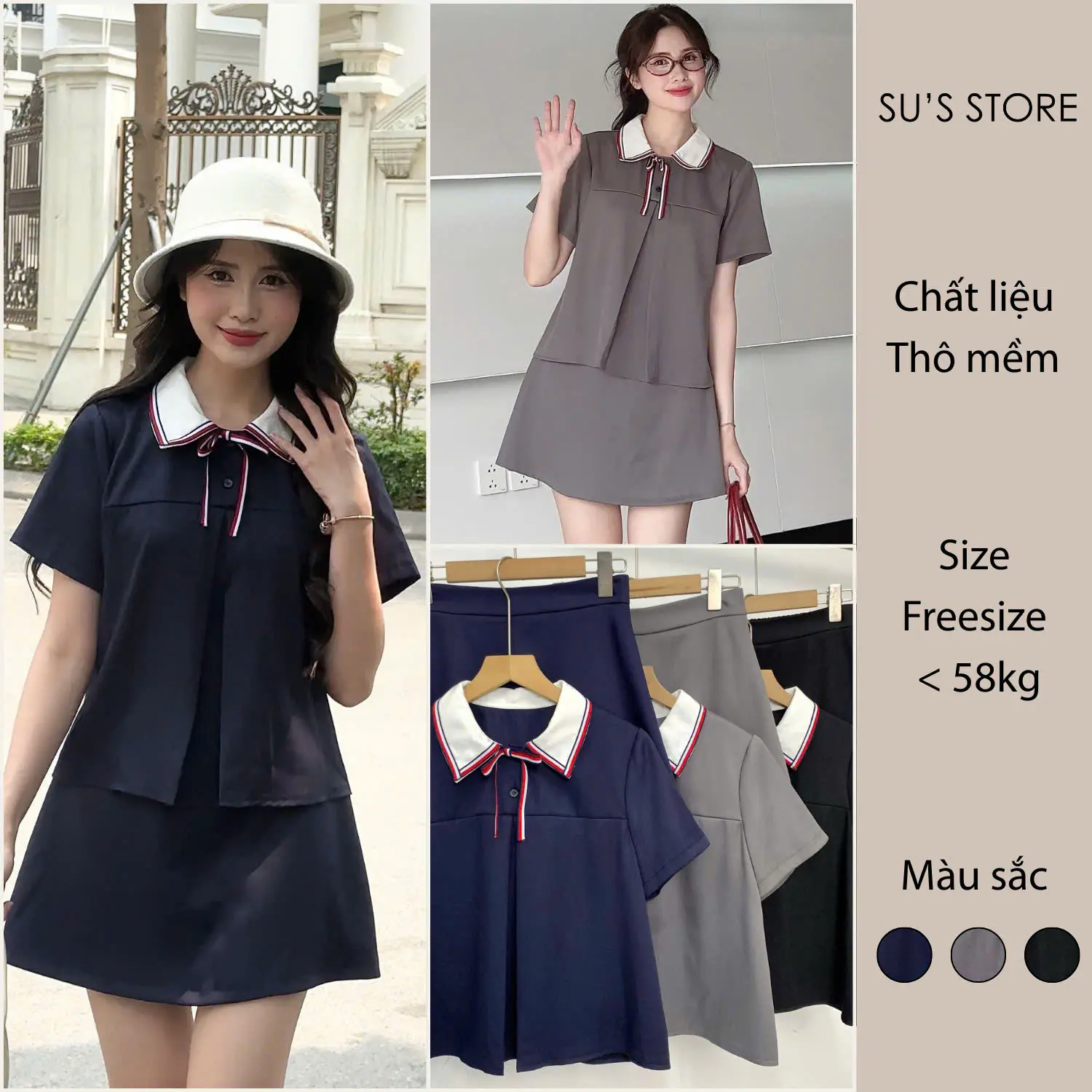 Set Bộ Đồ Nữ Áo Chéo Hàn Cổ Nơ Phối Viền Kèm Quần Sooc Giả Váy Susstore S797 Thời Trang Nữ